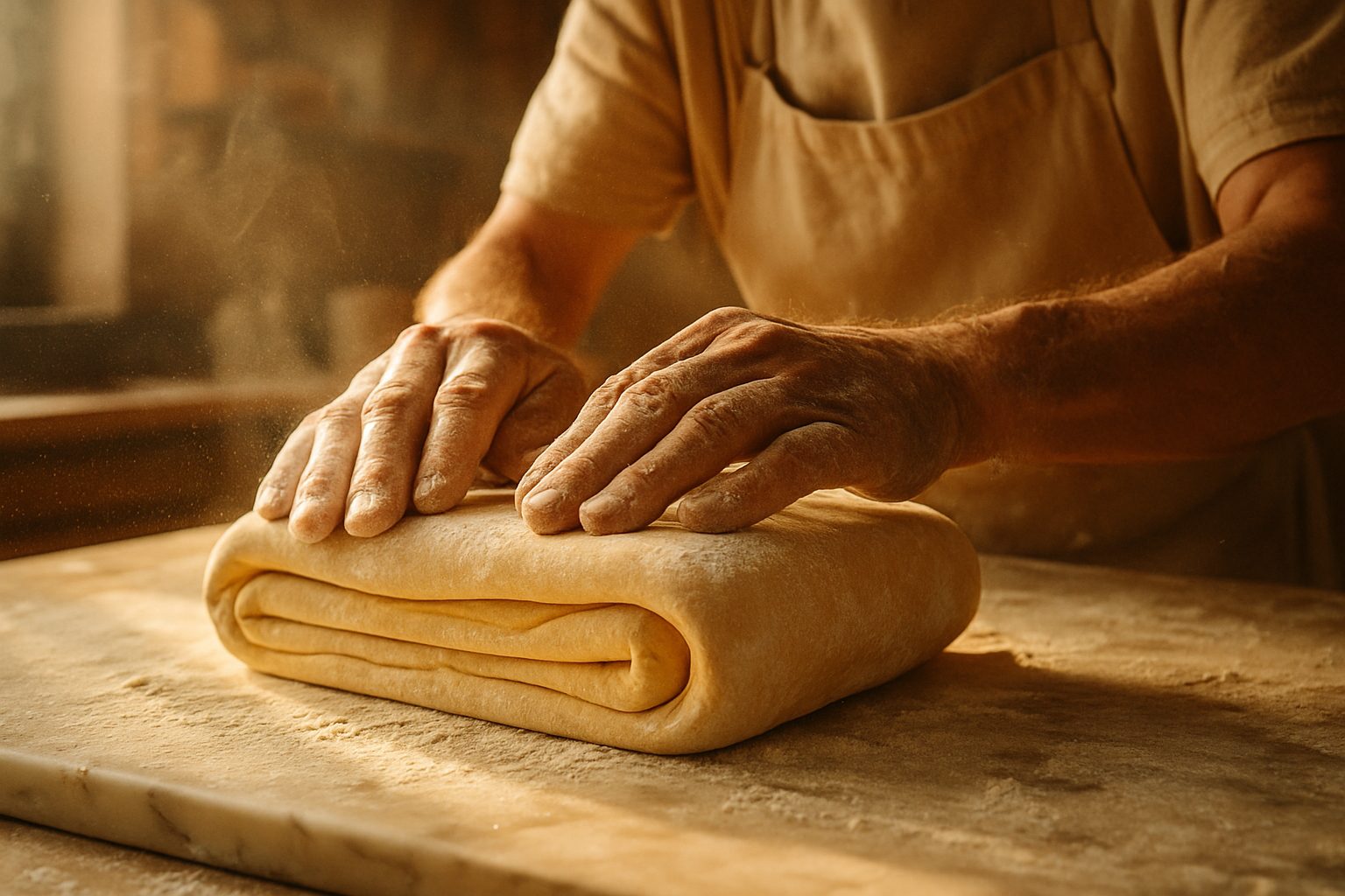 A baker's flour-dusted hands folding laminated dough on marble
