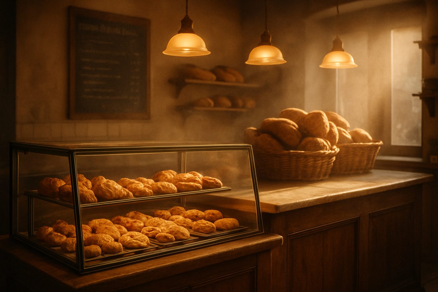 The warm interior of the bakery at dawn, display case full, morning light