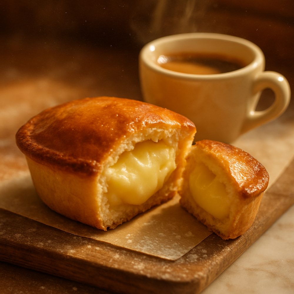 Pasticciotto filled with vanilla custard, beside an espresso