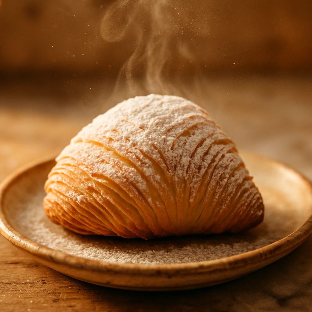 Sfogliatella, crisp layered shell dusted with sugar