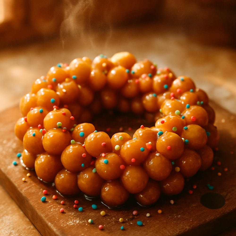 Struffoli, honey-glazed dough pearls with confetti sprinkles